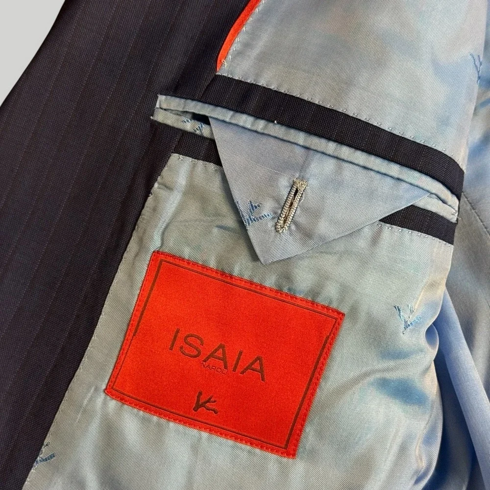 Isaia Napoli Men Blue Pinstripe 160's Aquaspider Wool‎ Suit 52 IT 42 US 8R